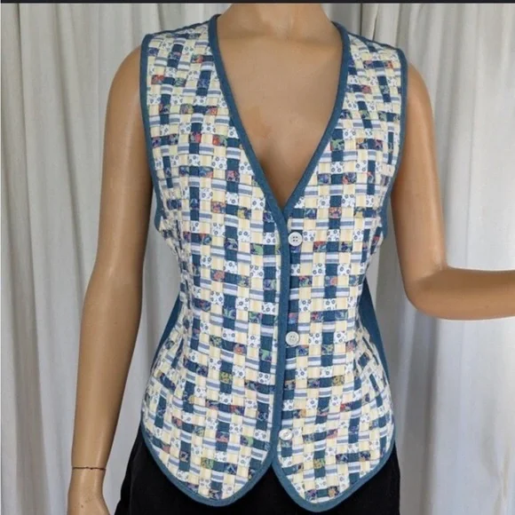 Vintage Quilted Vest from the 1990s by Susan Bristol Casuals, Floral, Denim 2W - Picture 1 of 5